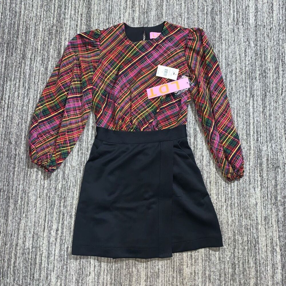 LDT Womens 0 Puff Long Sleeves Tartan Gift Mini Dress Red Black Back Zip NWT